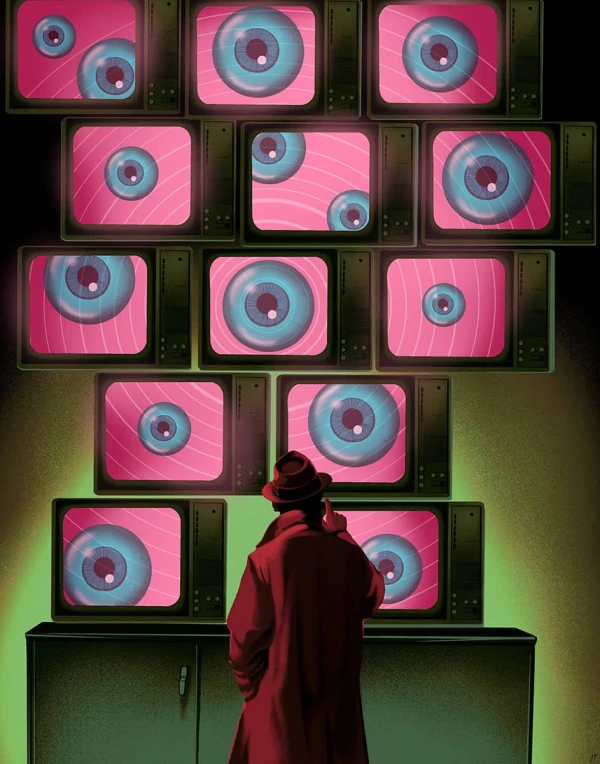 Moody illustration with man in trench coat and fedora looking at a wall of televisions each showing eyeballs. Illustration by Jay Torres, Conceptual, 