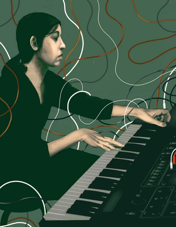 Portrait of musician Suzanne Ciani at a keyboard, surrounded by cables. Illustration by Jay Torres, Portrait, Figurative, 