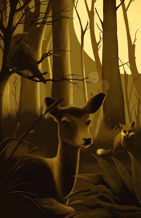 Moody illustration of a nighttime forest scene with a raven, a deer and a raccoon.. Illustration by Jay Torres, Nature, 