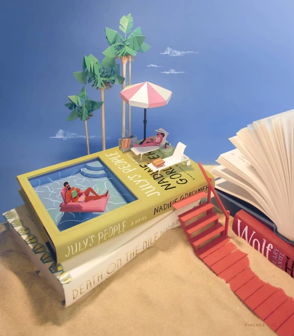 Three dimensional illustration of people sunbathing and reading books, on a giant stack of books at the beach.. Illustration by Jeff Hinchee, Lifestyle, 