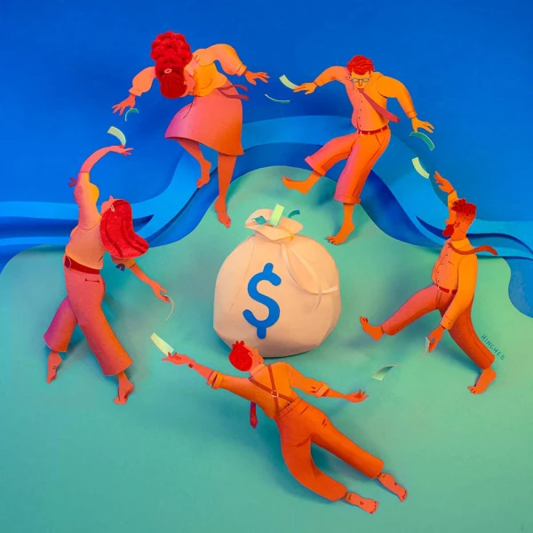 Illustration made from cut paper, resembling Matisse’s La Danse, but the figures are young people dancing around a bag of money