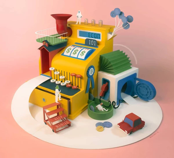 Three dimensional illustration of house as a cash register. Illustration by Jeff Hinchee, Conceptual, Business, 