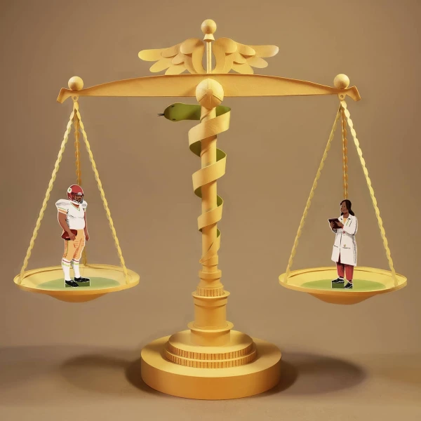 3-D illustration of a caduceus balancing a large scale. One figure on scale is a football player, the other person on the scale is a doctor.