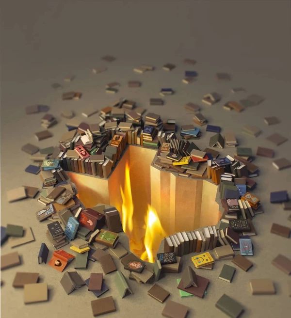 Image of pile of book in the shape of Texas that is burning. Illustration by Jeff Hinchee, Conceptual, 