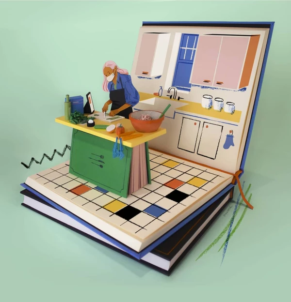 Three dimensional illustration of a book that opens up as a kitchen with a woman working in it.. Illustration by Jeff Hinchee, Conceptual, Food & Beverage, Lifestyle, Figurative, Business, 