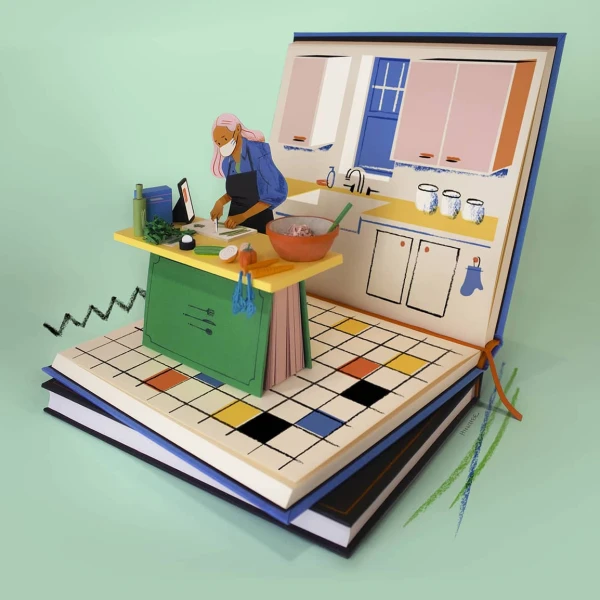 Three dimensional illustration of a book that opens up as a kitchen with a woman working in it.