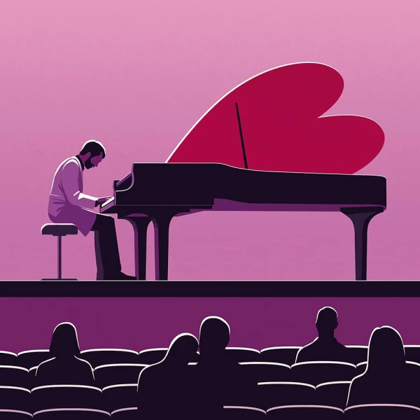 Illustration of a man playing a grand piano in the shape of a heart. Illustration by Joey Guidone, Conceptual, 