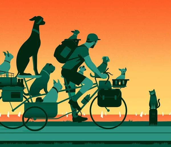 Graphic illustration of a man riding a bike with many cats and dogs, looking at a cat on the side of the road. Illustration by Joey Guidone, Lifestyle, 