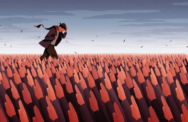 Illustration of a man trudging through a vast field of outstretched arms. Illustration by Joey Guidone, Conceptual, 
