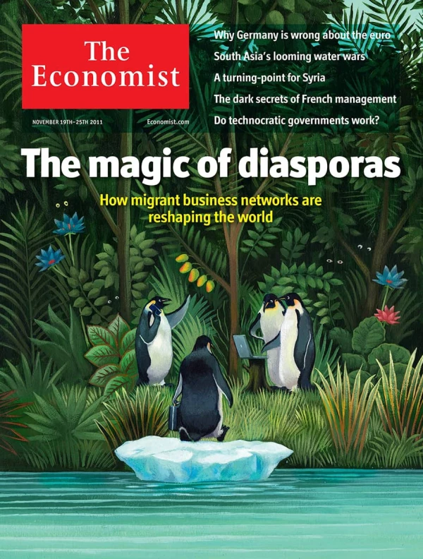 Magazine cover of penguins conducting business in a tropical jungle. Illustration by Jon Berkeley, Nature, Conceptual, Business, 