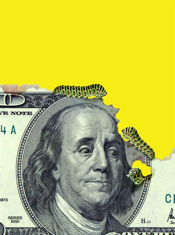 Closeup of a $100 and Ben Franklin looks worried as 3 catepillars are eating the bill.. Illustration by Jon Berkeley, Conceptual, Business, 