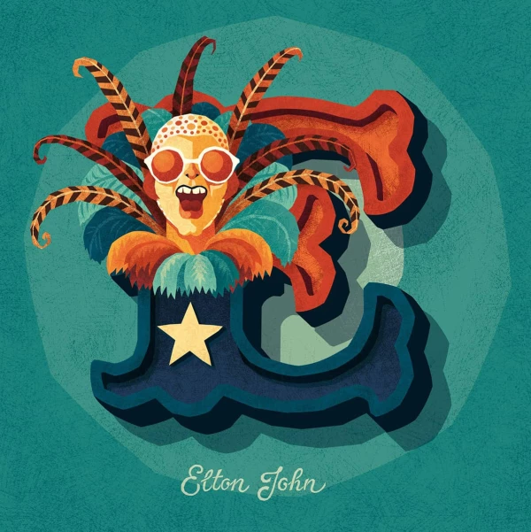 Illustration of the the letter E with a portrait of a befeathered Elton John. Illustration by Julia Kerschbaumer, Portrait, 