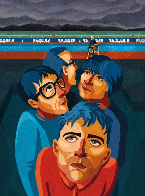 Illustration of the music band Blur standing in front of a pool under dark skies.. Illustration by Julia Kerschbaumer, Portrait, 