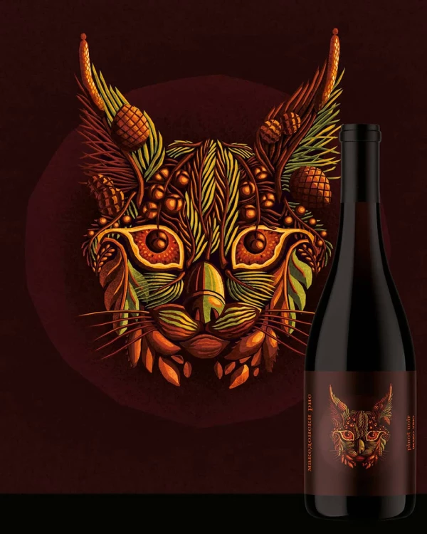 An illustrated wine label where a lynx is created out of pine needles, pine cones, acorns etc. Illustration by Julia Kerschbaumer, Conceptual, 