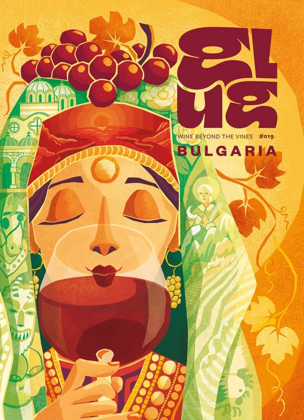 Illustrated cover of Glug magazine with a Bulgarian woman drinking wine. Illustration by Julia Kerschbaumer, Figurative, Food & Beverage, 