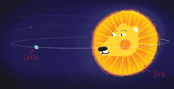 Illustration of a lion as the sun and earth orbitting.. Illustration by Julien Chung, Children, Whimsical, 