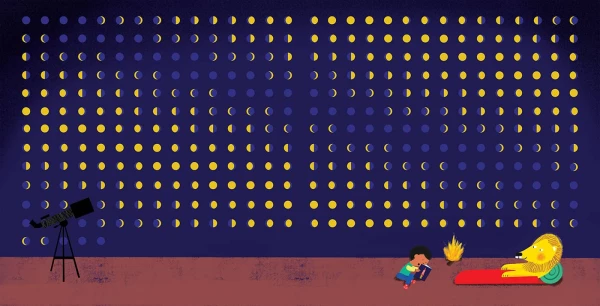 Illustration of a lion on a sleeping bag in front of a huge wall showing the phases of the moon. A child is reading him a book.. Illustration by Julien Chung, Children, Whimsical, 