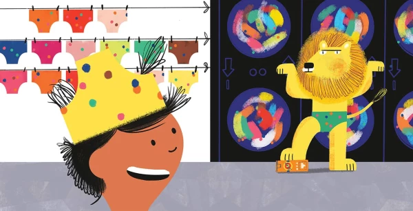 Illustration of a child wearing a pair of underpants on his head and a lion wearing underpants normally.. Illustration by Julien Chung, Children, Whimsical, 