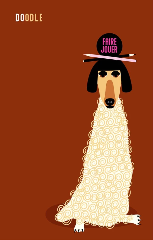 Graphic illustration of a dog balancing a ball and pencils on his head. Illustration by Karen Greenberg, Whimsical, 