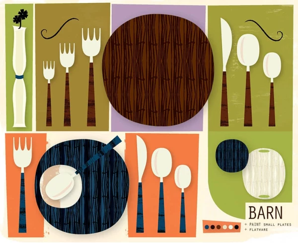 Graphic illustration of tableware. Illustration by Karen Greenberg, Lifestyle, 