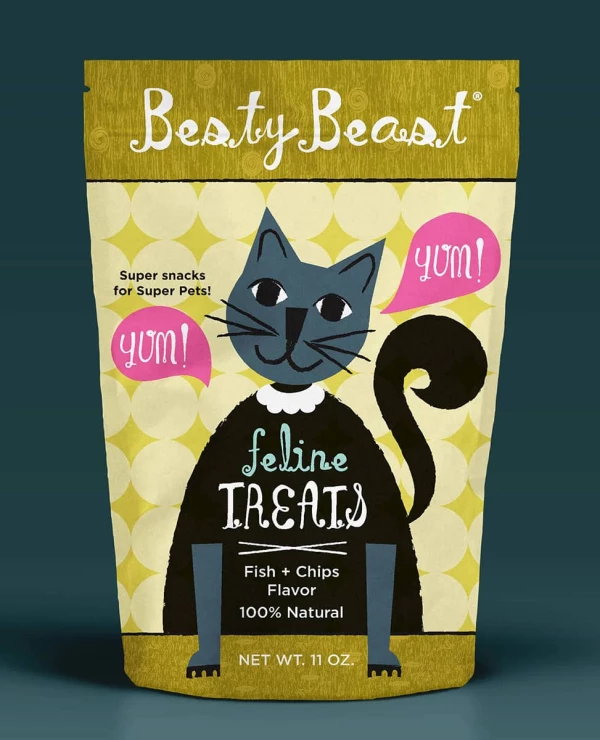 Image of illustrated packaging for Besty Beast. An illustrated cat says 'yum yum'. Illustration by Karen Greenberg, Whimsical, 