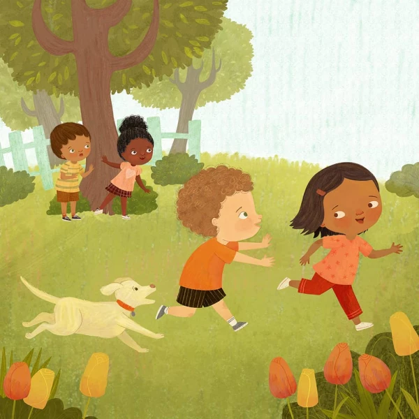 Illustration of a group of children and a dog playing tag outside. Illustration by Katherine Mazeika, Children, 