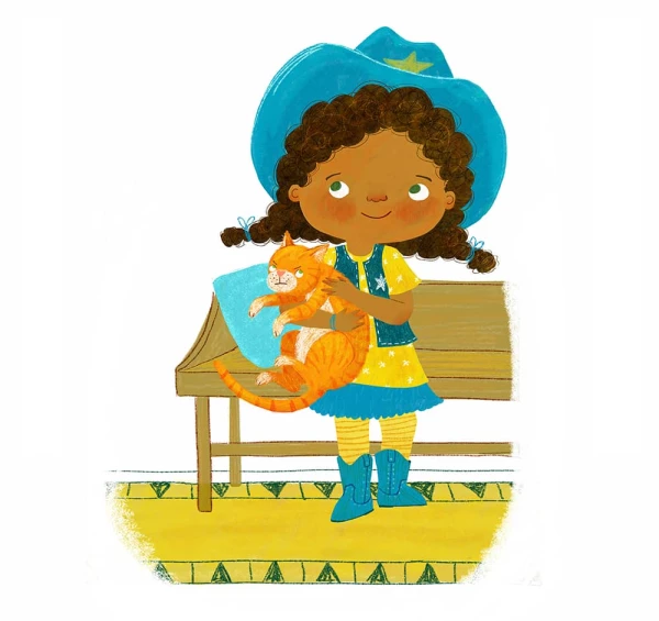 Illustration of a little Black girl in a cowboy hat and cowboy boots holding an orange cat. Illustration by Katherine Mazeika, Children, 