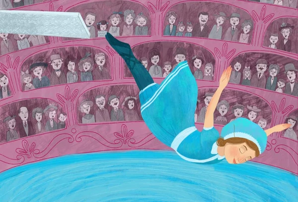 Illustration of a Victorian era woman in an old-fashioned swimsuit jumping off a diving board in front of a large theater audience. Illustration by Katherine Mazeika, Whimsical, 