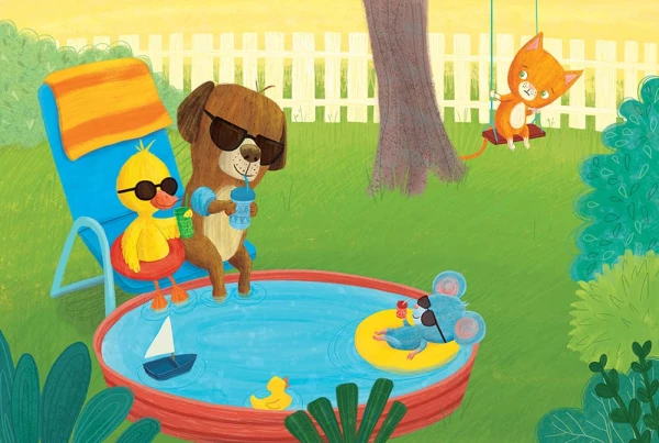 Illustration of a dog, cat, duck and mouse chilling out by a kiddie pool.. Illustration by Katherine Mazeika, Children, Whimsical, 