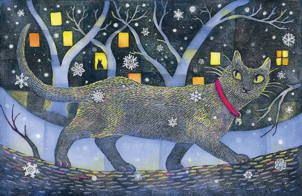 Whimisical illustration of a cat walking out in the snow. Illustration by Kristina Swarner, Whimsical, Children, 