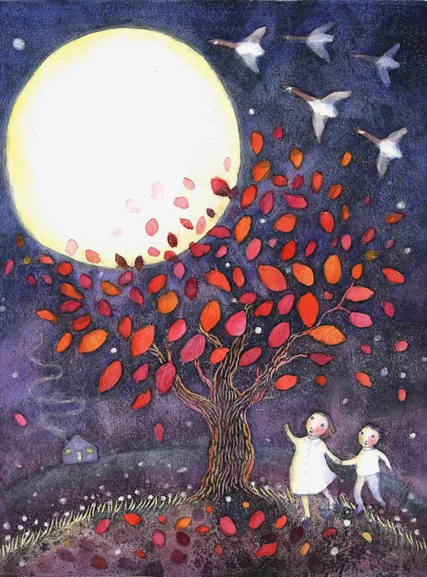 Whimsical illustration of two children looking at a giant moon behind a tree. Illustration by Kristina Swarner, Children, Nature, 