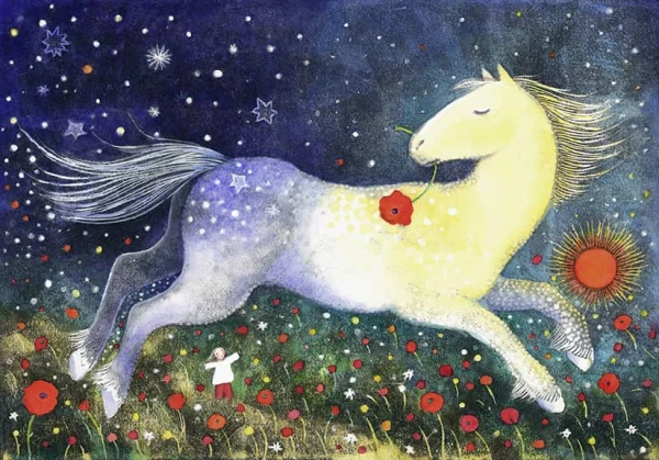 Whimsical illustration of a horse running with a poppy in his mouth. Illustration by Kristina Swarner, Children, Whimsical, Fantasy, 