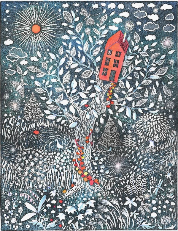 Fantasical illustration of a red house among nature. Illustration by Kristina Swarner, Fantasy, Nature, 