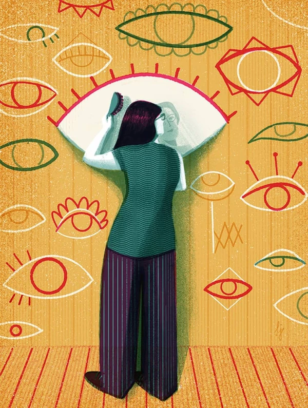 Illustration of a woman combing her hair in front an eye-shaped mirror that is hanging on a wall that is painted with different shaped eyes.. Illustration by Luisa Jung, Conceptual, Figurative, 