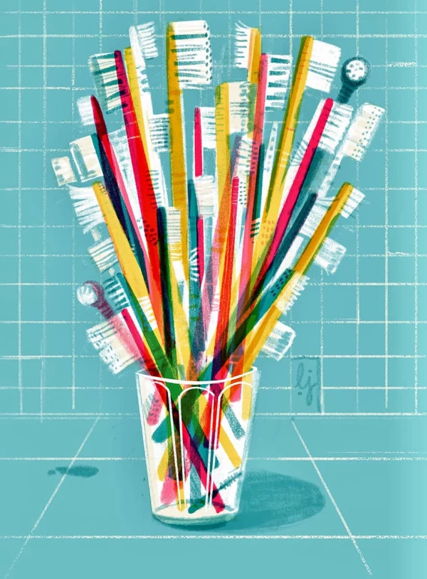 Illustration of a glass overflowing with many toothbrushes.. Illustration by Luisa Jung, Conceptual, Lifestyle, Whimsical, 