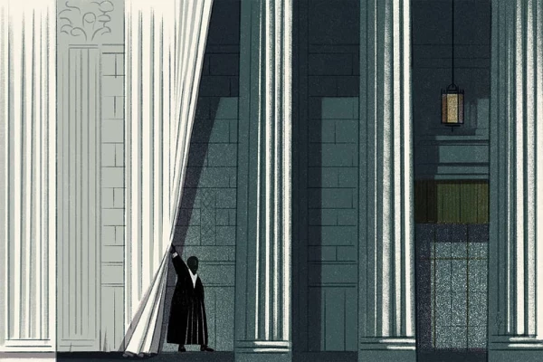 Illustration of a courthouse with a judge pulling back the curtain. Illustration by Luisa Jung, Conceptual, 
