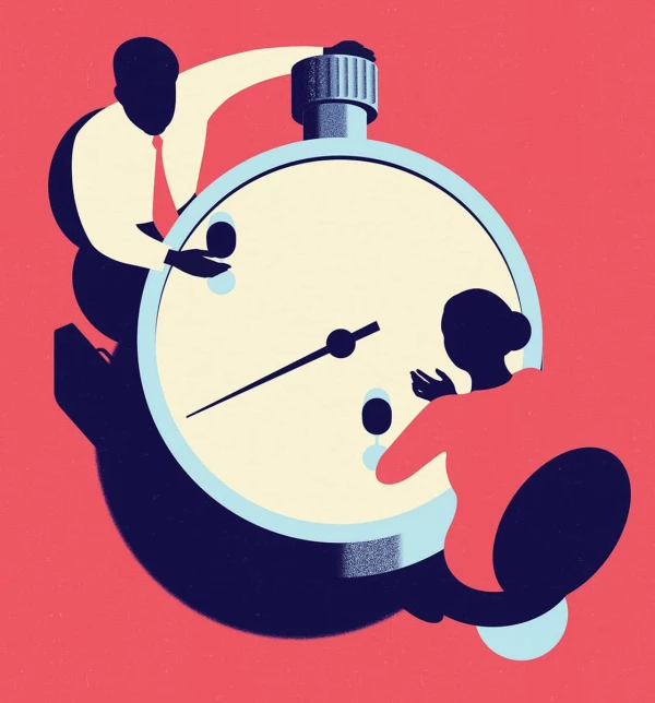 Graphic image of two people sitting at an enormous stopwatch. Illustration by Neil Webb, Business, Conceptual, 