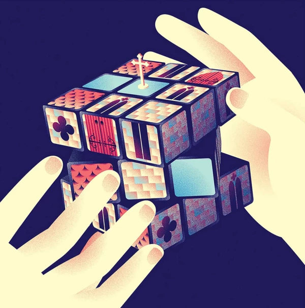 Graphic image of a Rubik's cube with images of a church on each section.. Illustration by Neil Webb, Conceptual, Business, 