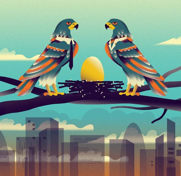 Graphic image of 2 hawks wearing business attire, watching over an egg in a nest.. Illustration by Neil Webb, Business, 
