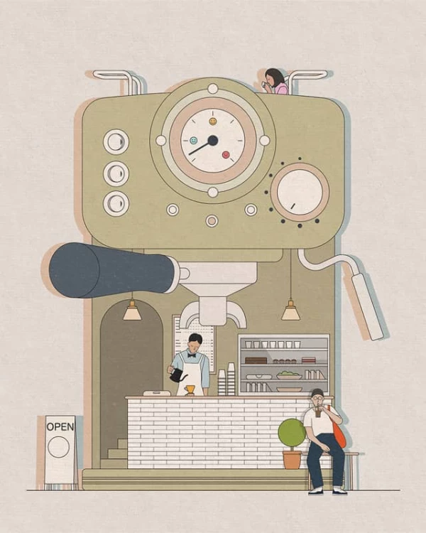 Drawing of a coffee shop as an espresso machine. Illustration by Paohan Chen, Lifestyle, Food & Beverage, Conceptual, 