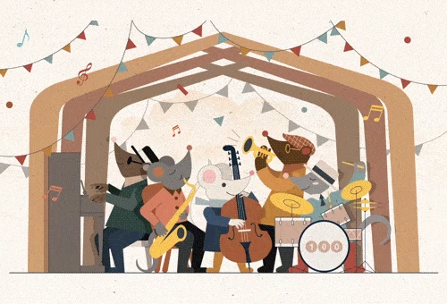 Whimsical animated image of mice playing in a jazz band.. Illustration by Paohan Chen, Children, Whimsical, animation & motion, 