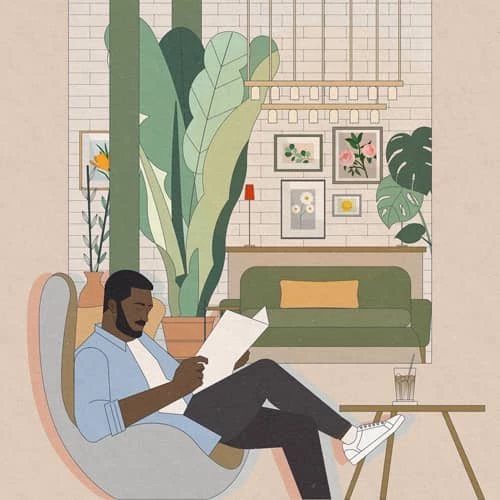 Drawing of a relaxed Black man reading in his stylish, modern home. Illustration by Paohan Chen, Lifestyle, Figurative, Portrait, 