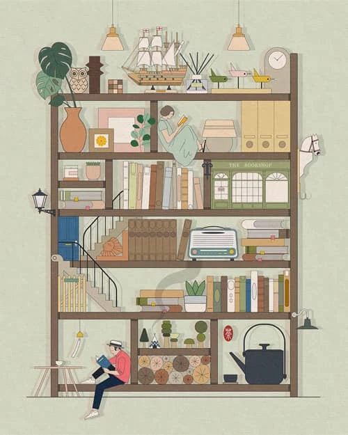 Whimisical bookshelves that houses a bookstore with people reading. Illustration by Paohan Chen, Lifestyle, Whimsical, Conceptual, 