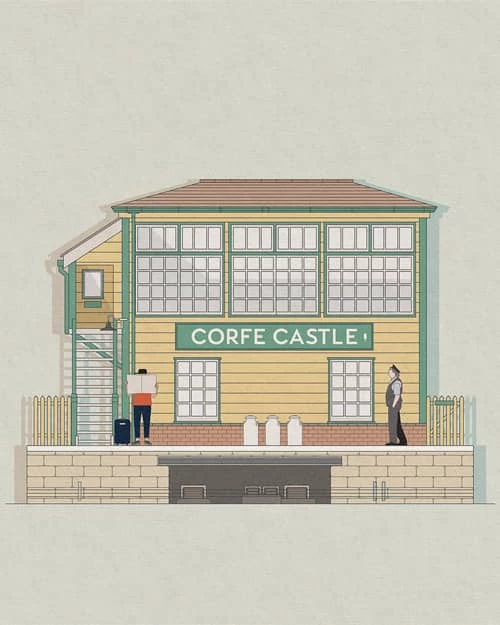 Drawing of two people waiting at Corfe Castle train station. Illustration by Paohan Chen, Lifestyle, Nature, 