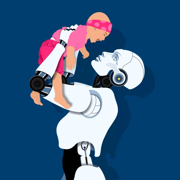 Illustration of robot lifting up a human child. Illustration by Paul Garland, Lifestyle, Figurative, 