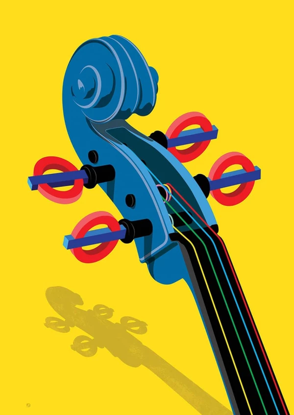 Illustration of a violin and the pegs are the London Underground logo. Illustration by Paul Garland, Conceptual, 