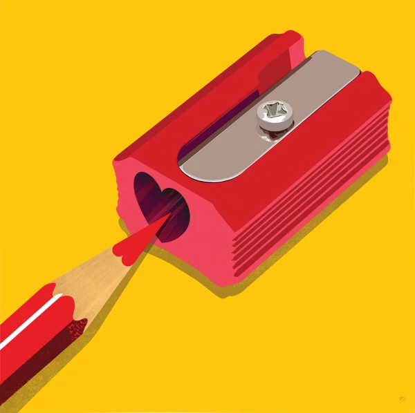 Graphic illustration of a pencil sharpener with a heart-shaped opening. Illustration by Paul Garland, Conceptual, 