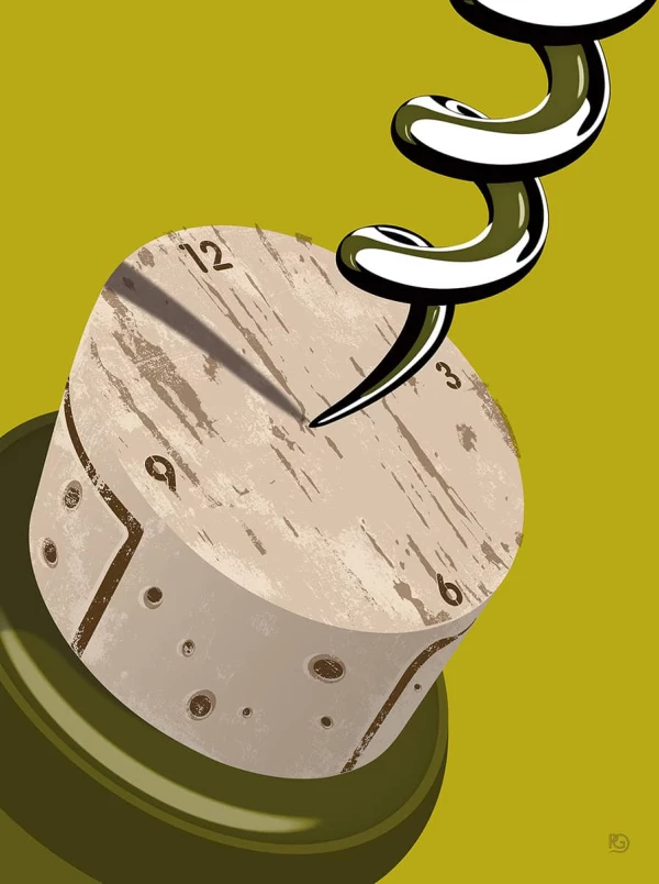 Illustration of a corkscrew entering a wine cord that has the face of clock on it.. Illustration by Paul Garland, Conceptual, Lifestyle, Food & Beverage, 