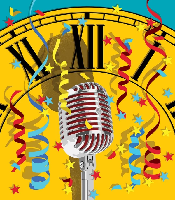 Vibrant illustration of an old-fashioned silver microphone in front of a large yellow clockface surrounded by confetti. Illustration by Paul Garland, Decorative, 