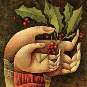 Illustration of a large hand and a smaller hand that are holding sprigs of holly. Illustration by Sara Tyson, Lifestyle, Decorative, 